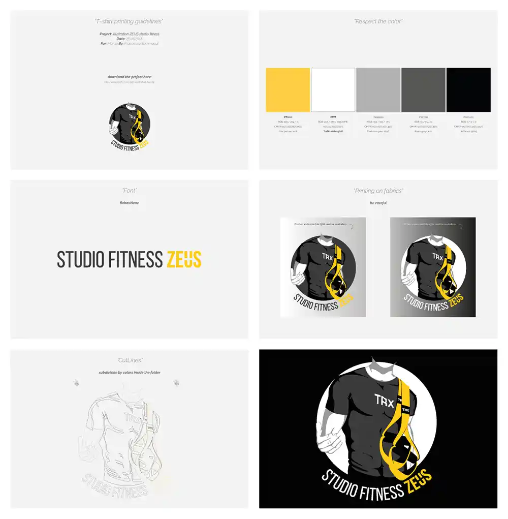 Tafel mit sechs Dateien für den Druck des Studio Fitness Zeus Logos auf T-Shirts