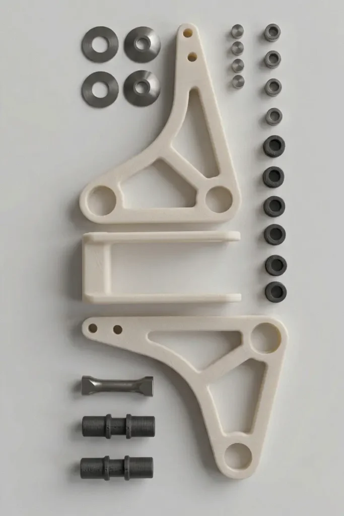 3D-gedruckte Prototypen des Umlenkhebels und der Streben des Rahmens