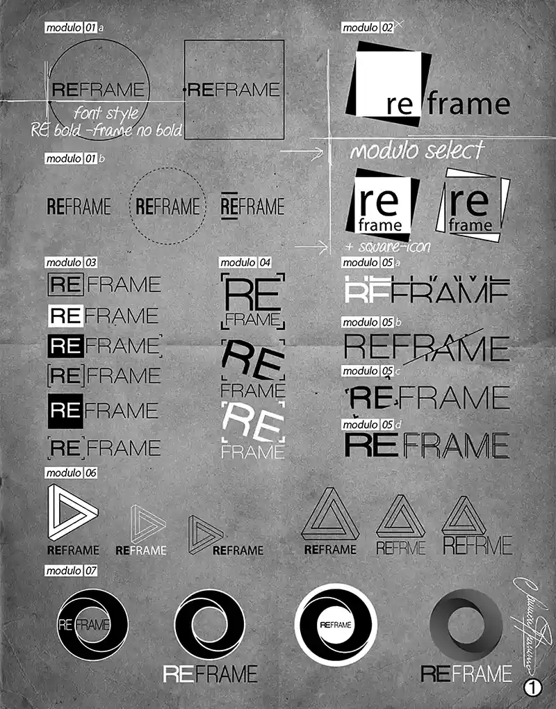 Tafel mit Skizzen und grafischen Entwürfen für das REFRAME-Logo