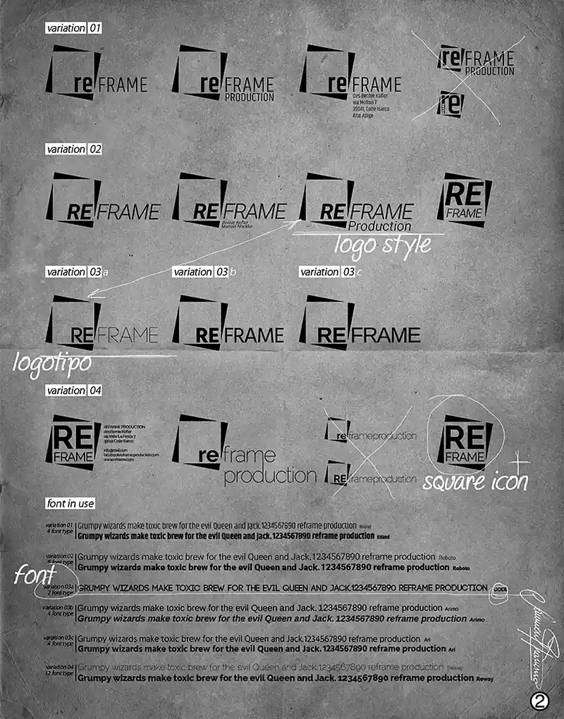 Grafische Variationen des REFRAME-Logos mit unterschiedlichen Kompositionen, Schriften und Proportionen