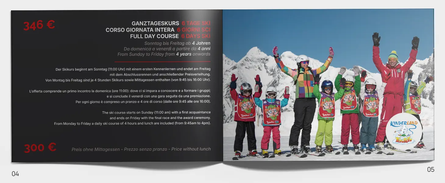 Seite des Booklets der Skischule Ladurns mit dem sechstägigen Skikurs als Ganztageskurs
