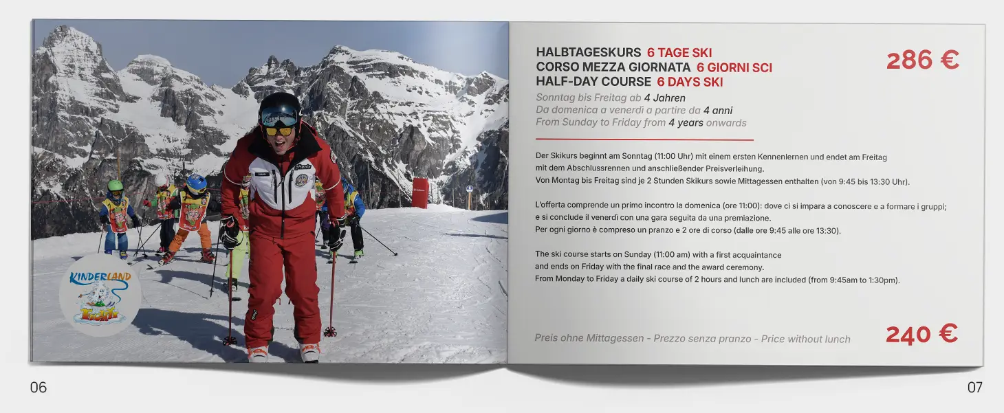 Seite des Booklets der Skischule Ladurns mit dem sechstägigen Skikurs als Halbtageskurs