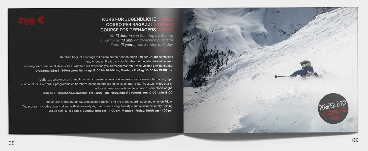 Seite des Booklets der Skischule Ladurns mit dem Skikurs für Jugendliche