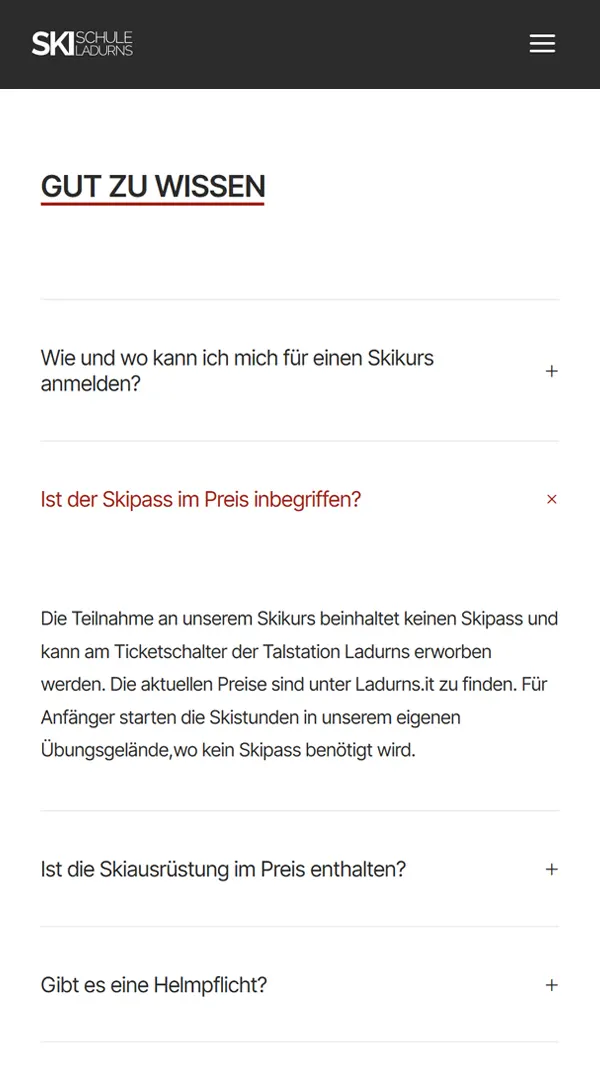 FAQ-Bereich der Website der Skischule Ladurns auf einem Smartphone
