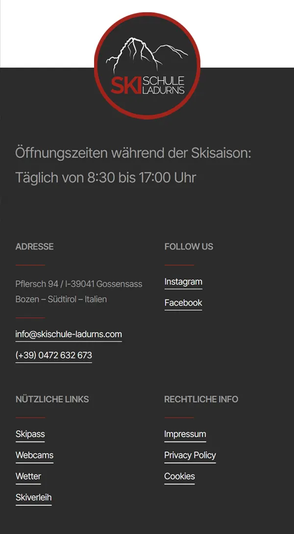 Footer der Website der Skischule Ladurns in der mobilen Version