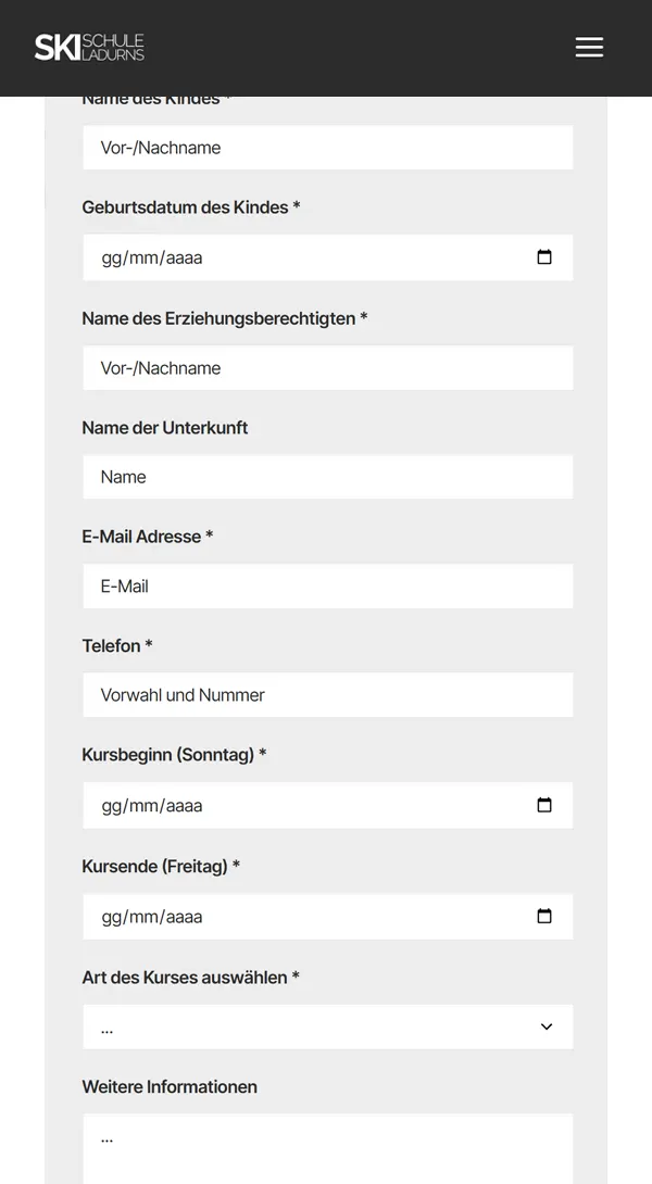 Anmeldeformular der Skischule Ladurns auf einem Smartphone