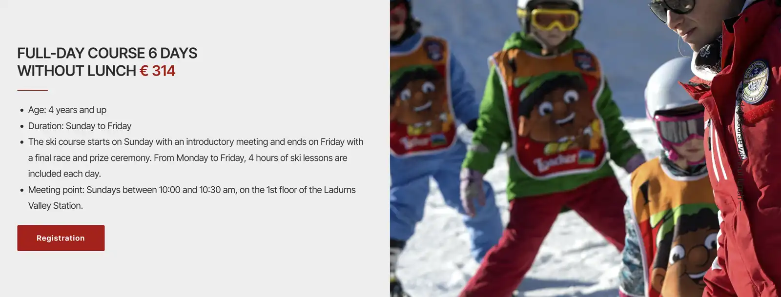 Detailansicht eines Skikursangebots auf der Website der Skischule Ladurns
