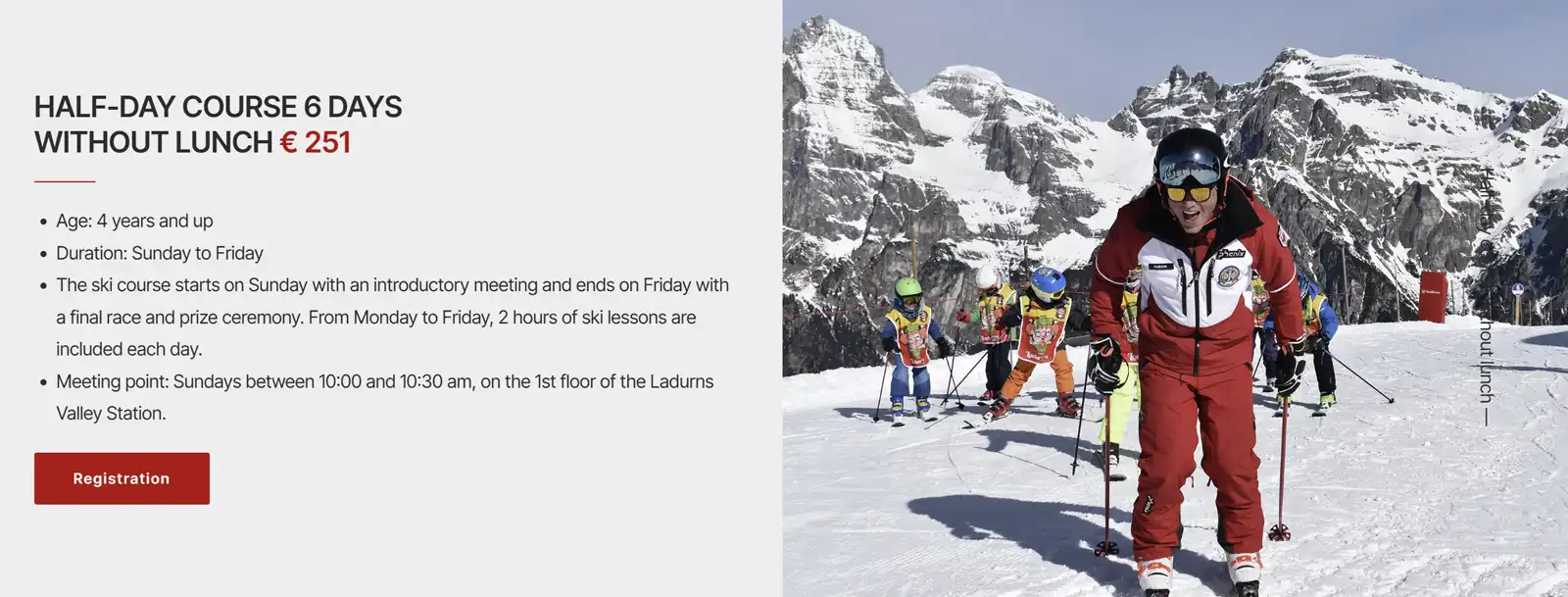 Seite eines Skikursangebots der Skischule Ladurns im Kinderland Fichti
