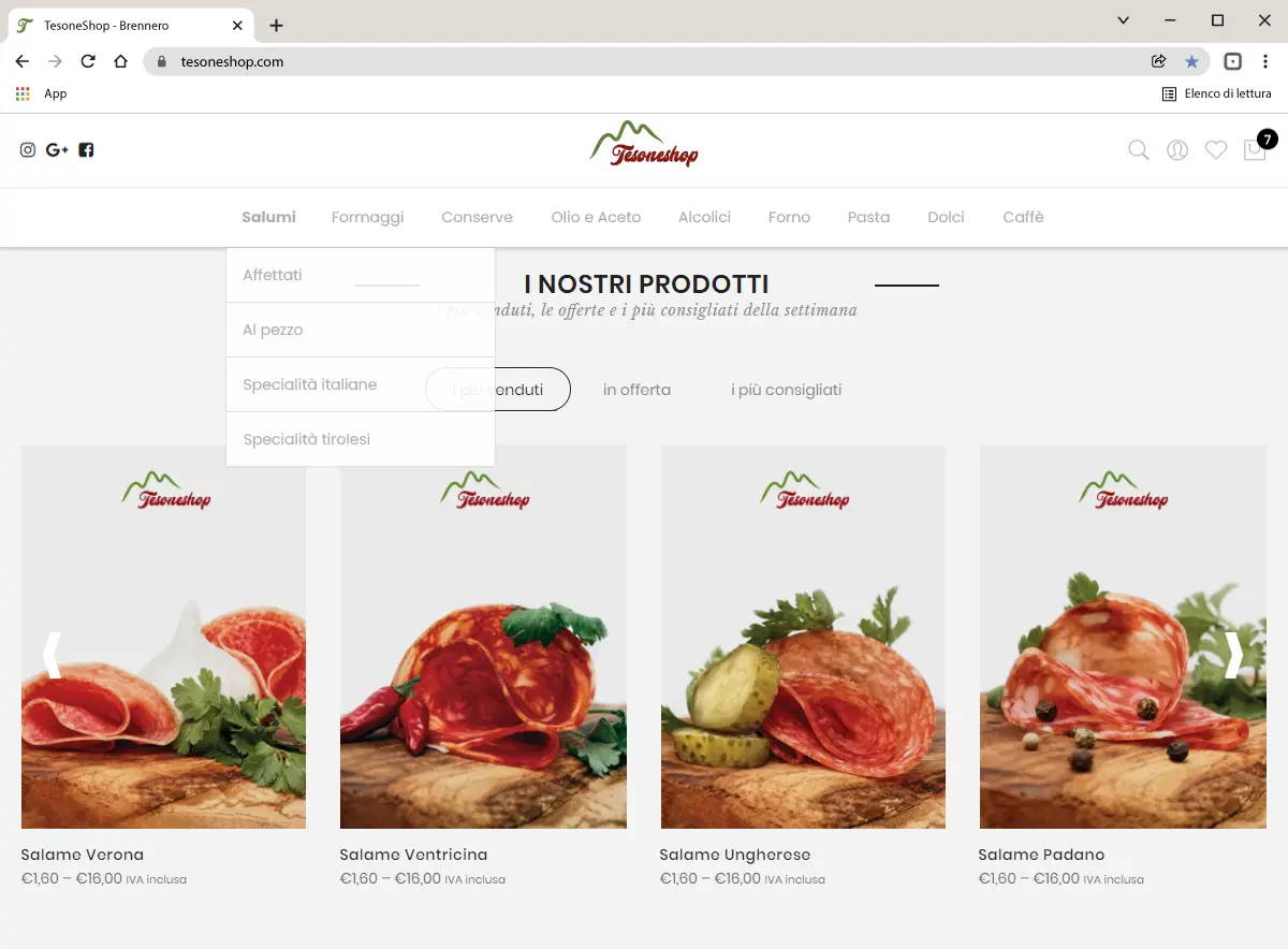 Produktkatalog des Online-Shops Tesone Alimentari mit einer Rasteransicht aus Produktbildern und Produktkarten