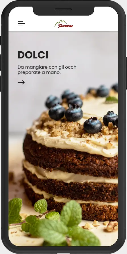 Mobile Seite der Kategorie Süßspeisen im Online-Shop Tesone Alimentari mit dem Bild eines Desserts