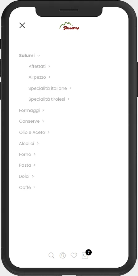 Benutzeroberfläche des mobilen Online-Shops Tesone Alimentari auf einem Smartphone