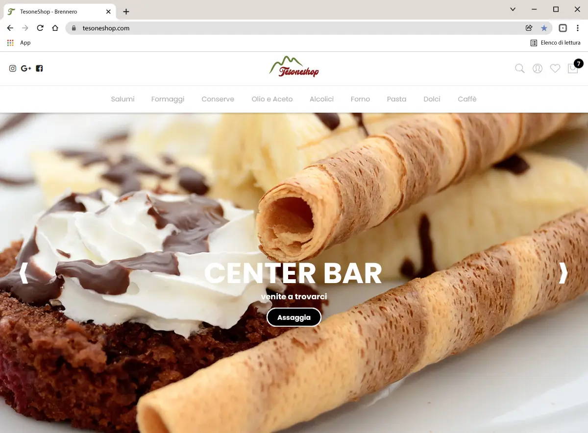 Bereich Center Bar auf der Startseite von Tesone Alimentari mit Bildern von Backwaren und Lebensmittelspezialitäten